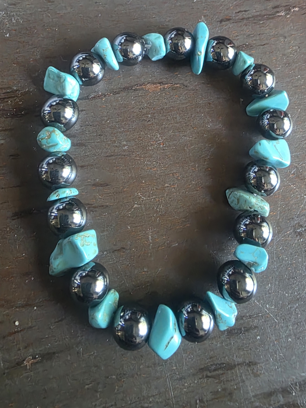 Turquoise Chip and Hematite Bead Stretch Bracelet - Women Jewelry